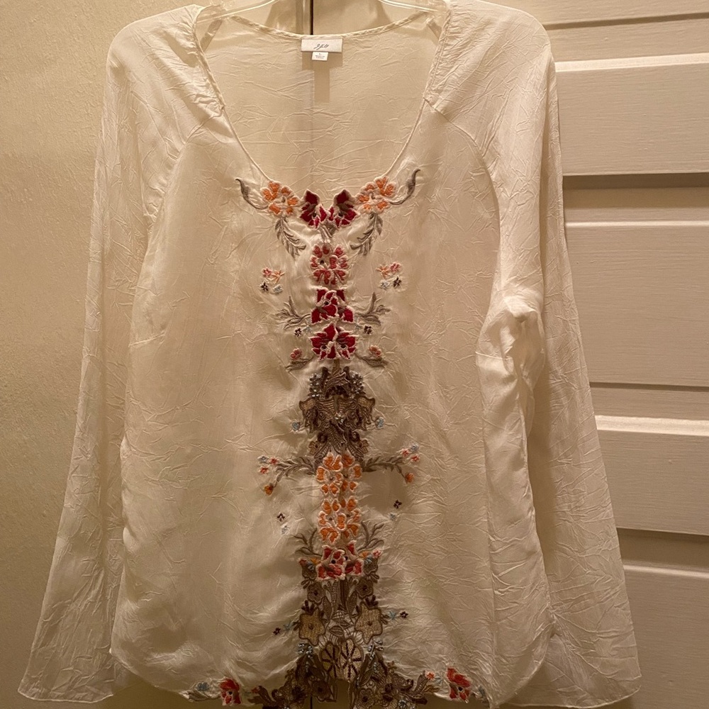 Boho Semi sheer long sleeve blouse w floral embroidery